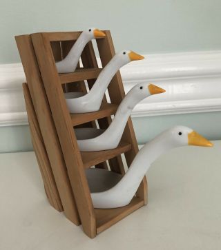 Vtg Ceramic Measuring Spoon Set – 4 Geese Ducks W/ Wood Display Crate - Avon