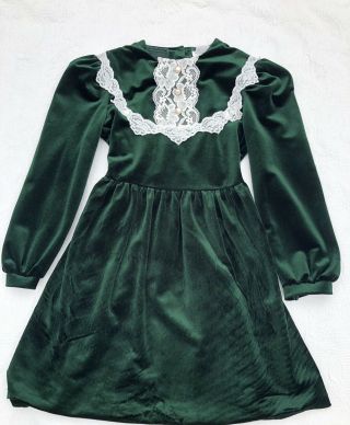 Vtg Pretty As A Picture Green Velvet Style Dress Girls Size 12