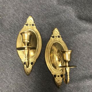 Vintage Pair Solid Brass Candle Holder Wall Sconce Ornate Art Deco 8.  5 "
