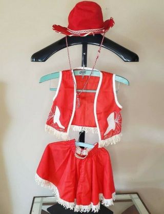 Vintage 70s Sears Red Cowgirl Outfit Costume Girls Size Medium Skirt Vest Hat