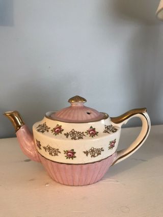 Vintage Tea Pot Gibson Staffordshire England Gold Trimmed Pick Whike Floral