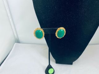 Vtg.  Monet Green Oval Cabochon & Gold Tone Chunky Pierced Earrings