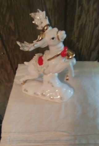 Vintage 1956 Napco White With Gold & Spaghetti Trim Reindeer Figurine Christmas