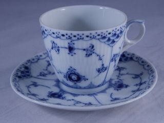 Vintage Royal Copenhagen Teacup Saucer 719 Half Lace Blue Fluted Set 2nd Quality