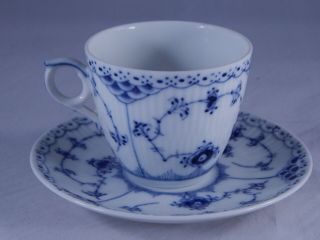 Vintage Royal Copenhagen Teacup Saucer 719 Half Lace Blue Fluted Set 2nd Quality 2
