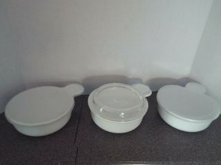 3 Vintage Corning Ware Grab It Bowls P150b 15 Oz W/pyrex Lid & 2 Plastic Lids