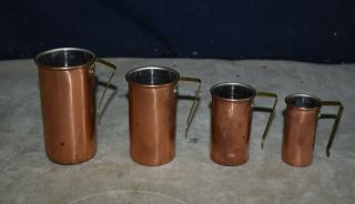 Vintage Set Of 4 Copper Measuring Cups W/brass Handles - 1,  3/4,  1/2,  1/4 Cups