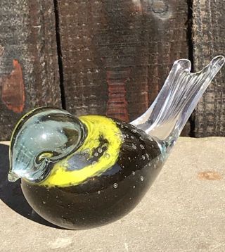 Vintage Art Glass Bird Figurine Fantail Hand Blown Glass Clear Lime Green Brown