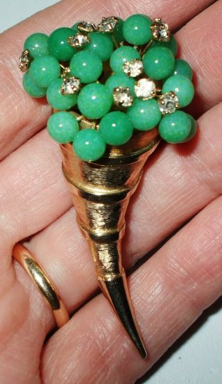 Pretty Vintage Jade Or Peking Glass Beads & Rhinestones Cornucopia Pin Brooch