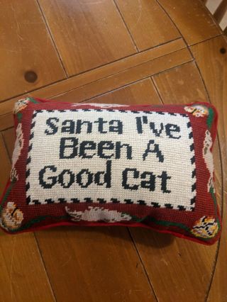 Small Vintage Needlepoint Pillow Christmas Cat