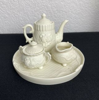 Vintage Miniature Doll House White Porcelain Tea Pot,  Cream & Sugar On Dish