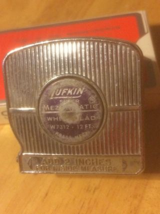 Vintage Lufkin W7312 Mezumatic White Clad Power Tape Measure 12 Ft.  3/4 " Wide