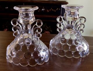 Candlestick Holder Pair Vintage Clear Pressed Glass Grape Circle Bowl Art Deco