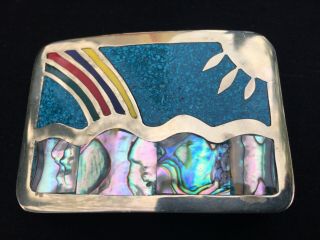 70’s Vintage Rainbow Alpaca Abalone Mexico Turquoise Silver Belt Buckle