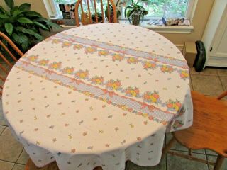 Vintage 60 " Round Tablecloth Fruit Pattern White / Blue Pink Bows Polyester Knit