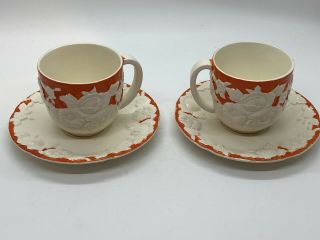2 Vintage Moriyama Mori - Machi Chocolate Cups & Saucers Orange White Floral Japan