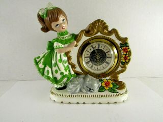 Vintage Wind Up Clock West German Porcelain Figurine Girl And Cat