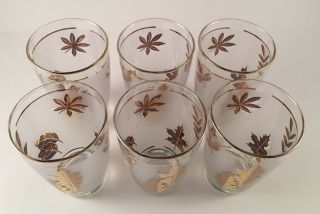 6 Gold Leaf Frosted Glasses Tumblers Highball Vintage MCM 3