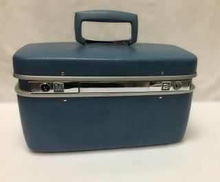 Vintage Samsonite Blue Train Case Make Up Luggage Suitcase With Tray And Key