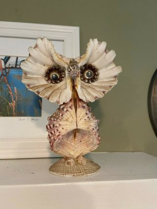 Vintage Hand Made Sea Shell Art Owl Made In Philippines - 7 " Tall