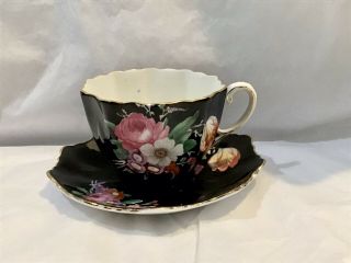 Vintage Paragon Cup & Saucer Set Pink Roses And Flowers On Black England