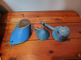 Antique Vintage Blue Metal Set Of 3 - Funnel,  Sifter With Handle,  Mesh Strainer