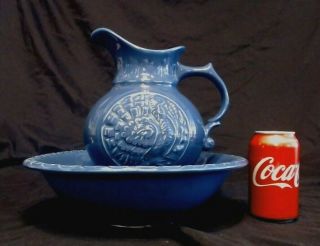 Vintage 9 Cup Blue Turkey Pitcher & Wash Bowl Set 7516,  Mccoy Usa Perfect