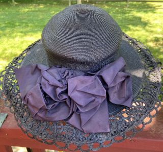 Vintage Dark Navy Straw Hat Large Brim With Bow Needing An Iron