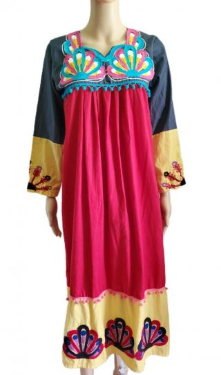 Vintage Embroidered Cotton Tunic Dress Maxi Kaftan Muumuu Housedress Sz S