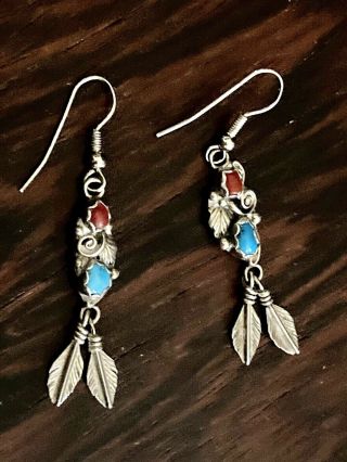 Vintage Navajo Sterling Silver Turquoise Coral 2 1/4 " Dangle Earrings 5g Signed
