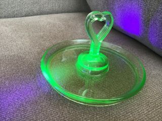 Vintage Uranium Green Depression Glass Candy Trinket Dish Tray With Heart Handle
