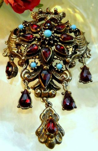 Vtg Victorian Revival Garnet Red Rose Cut Glass Aqua Blue Bead Dangle Pin Brooch