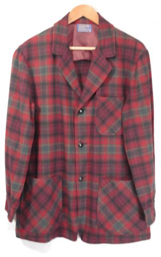 Vintage Pendleton 100 Wool Red Green Plaid Chore Blazer Jacket Mens Med