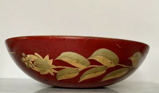Primitive Antique ? Wooden Bowl Red Hand Painted Flowers Vintage Wood Painted