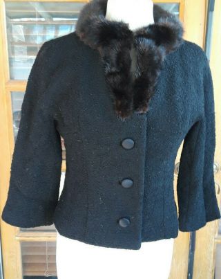 Vtg Adolphe Zelinka Ny Black Wool Mink Fur Collar Jacket Coat 3/4 Sleeve S Union
