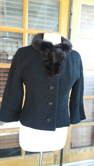 Vtg Adolphe Zelinka NY Black Wool Mink Fur Collar Jacket Coat 3/4 Sleeve S Union 2