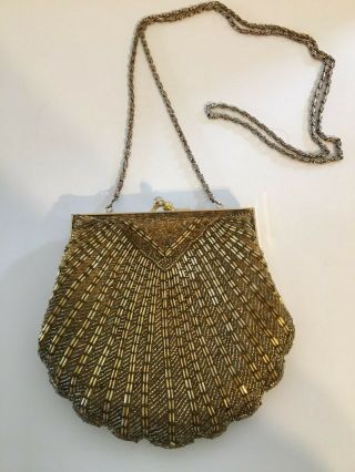 Valerie Stevens Beaded Gold Clutch Purse / Evening Bag With Attached Mirror