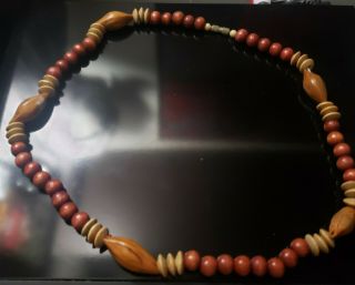 Vintage Artisan Natural Wood Bead Tribal Necklace Bakelite Shabby Chic