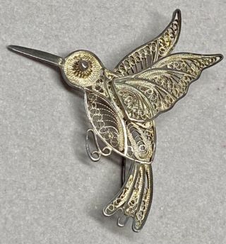Vintage Hummingbird Pin Brooch Pendant Filigree Silver Tone Mexico