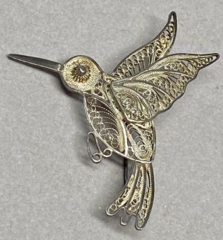 Vintage Hummingbird Pin Brooch Pendant Filigree Silver Tone Mexico 2