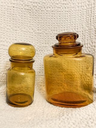 Vtg Amber Yellow Glass Apothecary Jars Bubble Top L.  E.  Smith? Set Of 2