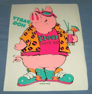 Vtg 1987 Airwaves Heat T - Shirt Iron - On Transfer Party Hog Cool Pig W/ Drink