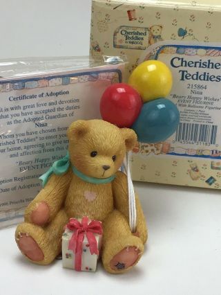Cherished Teddies: Nina Bears Happy Birthday Wishes,  Bear Balloons Figurine