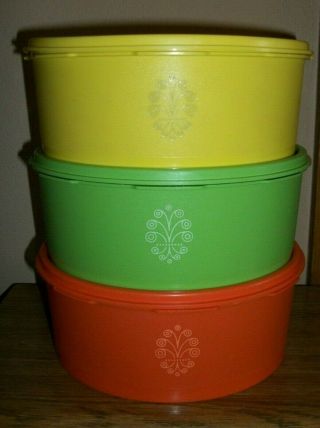 Vtg Set Of 3 Orange Green Yellow Tupperware Servalier Stacking Canisters 1204