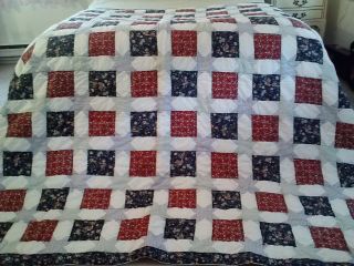 Vintage Hand Pieced&sewn Star&square Patchwork Floral Quilt&2 Shams - 84x86