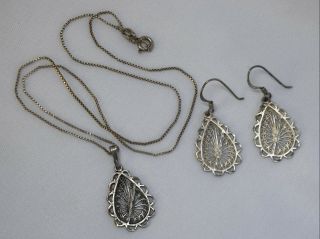 Vtg Sterling Silver Filigree Teardrop Pendant Necklace & Pierced Earrings Set