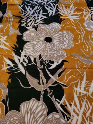 2 Yards Vintage Hawaiian Textile Fabric Barkcloth Gold Black White Asian Floral
