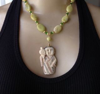 Vintage Necklace Antique Chinese Carved Yak Bone Pendant Yellow Jade Beads