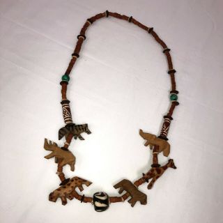 Long Vintage Hand Carved Wooden African Animals Necklace Safari Statement