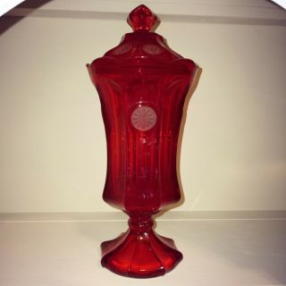 Vintage 1970s Fostoria Coin Glass Ruby Red Footed Urn With Lid 13”